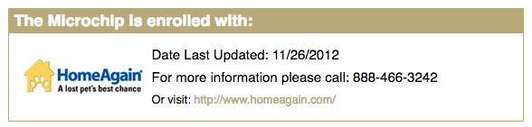 Example result from the AAHA Universal Pet Microchip Lookup showing a chip enrolled with HomeAgain