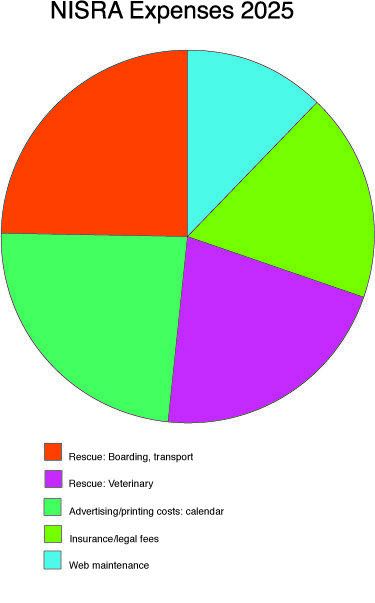 Pie chart of NISRA expenses for 2025: rescue boarding and transport; rescue veterinary; advertising and printing costs for calendar; insurance and legal fees; web maintenance